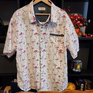 Men's Pacific Marlin Button Down White Flamingo Print Casual Shirt